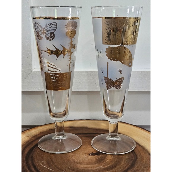 Vintage Other - VTG MCM 22 KT Gold Butterfly Thistle Frosted Fred Press Champagne Set of 2